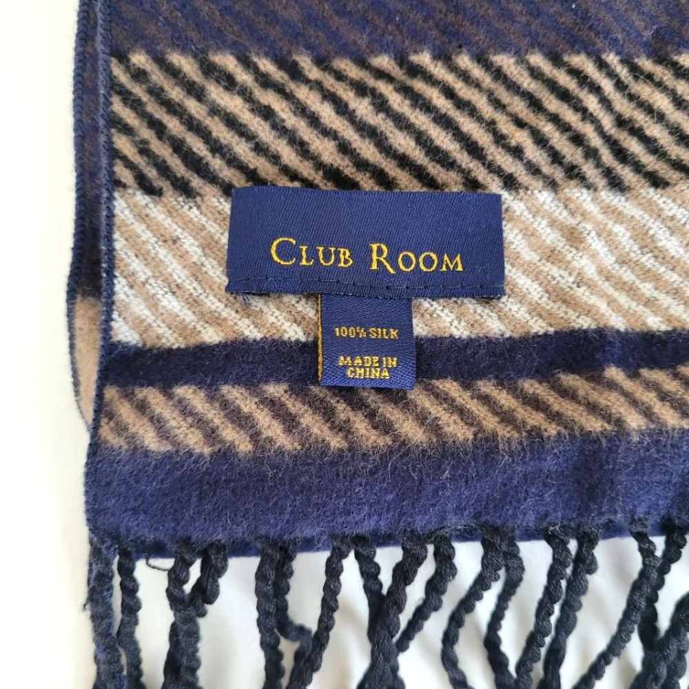 100% Silk Club Room Plaid Scarf Blue Tan w Fringe